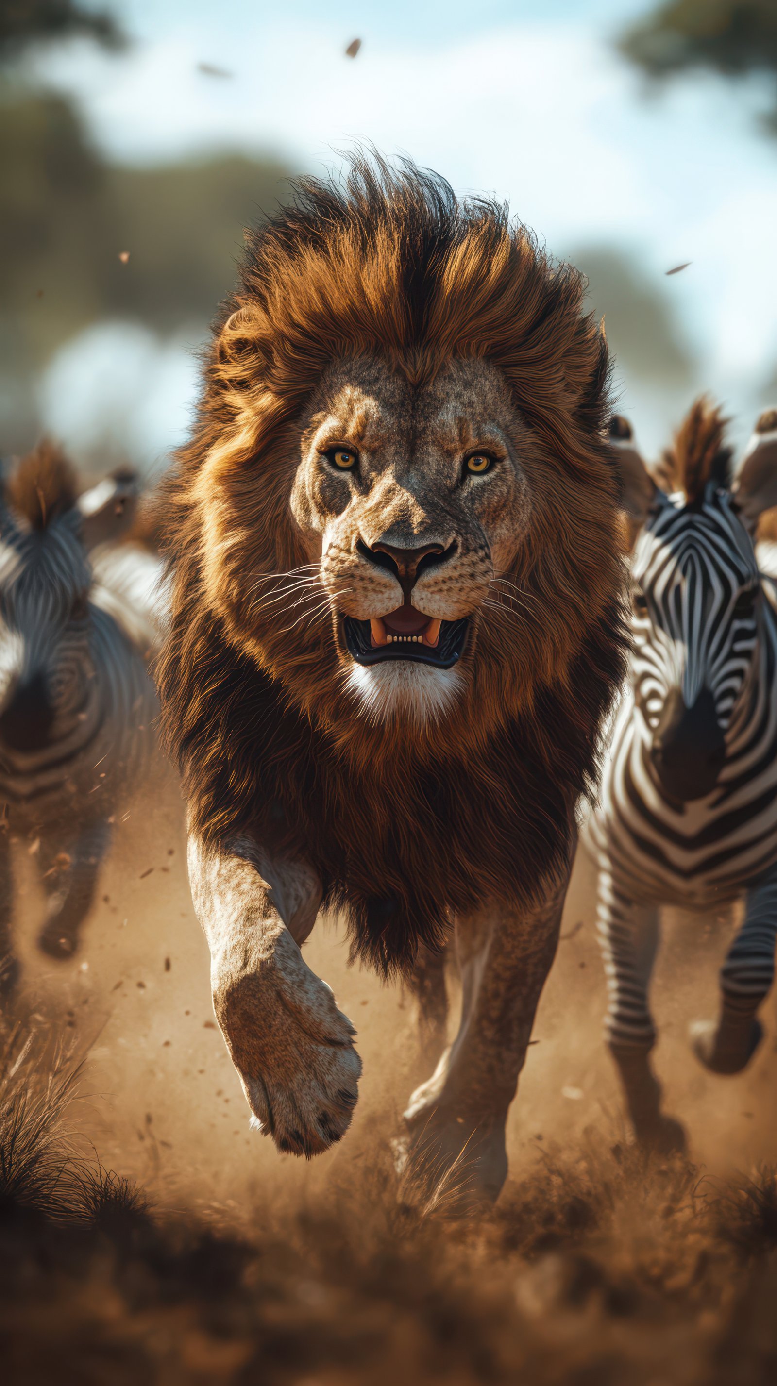Lion hunts herd of zebras in a dramatic chase across the African savanna during golden hour